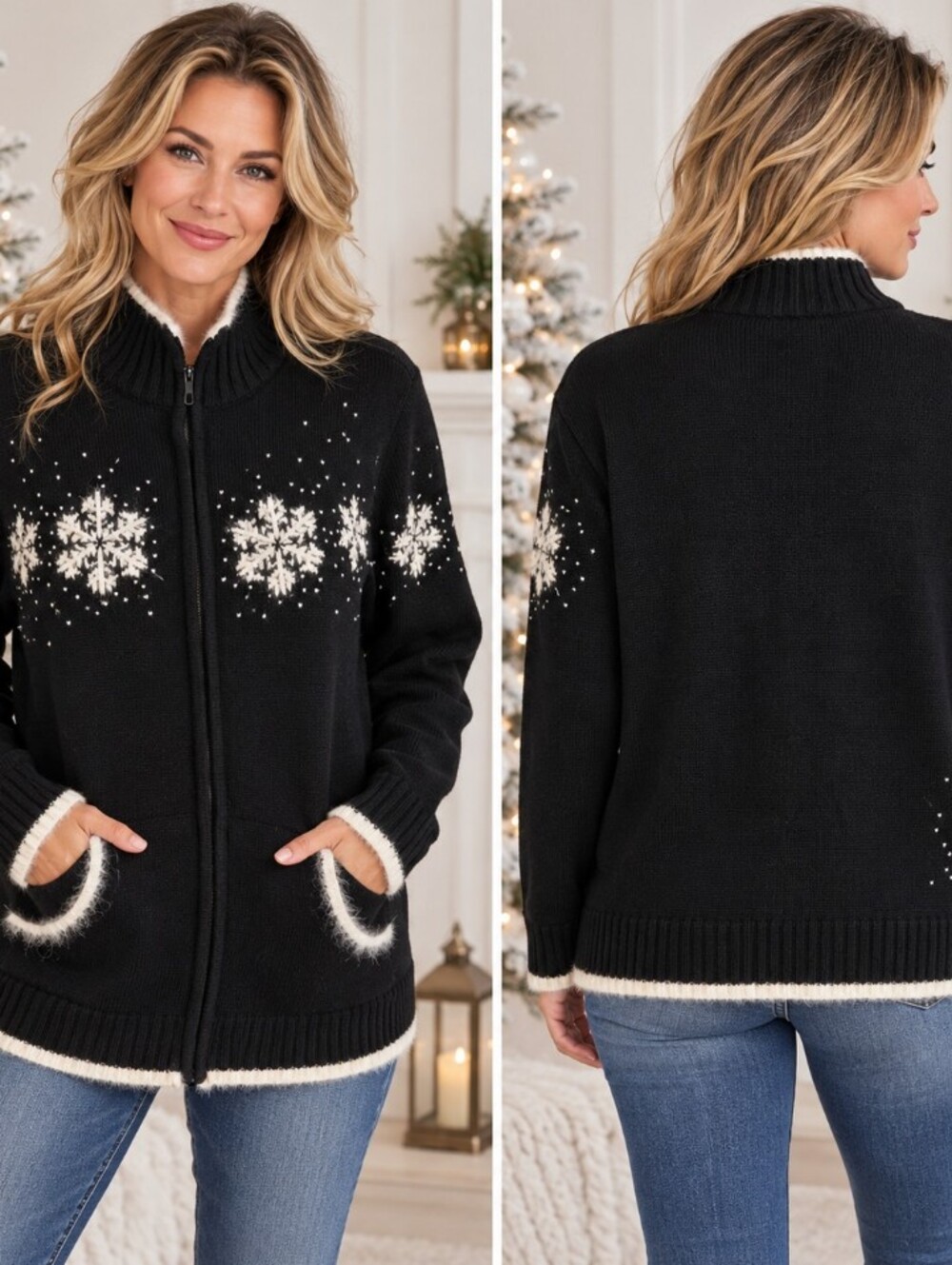quaker factory vtg  wool  rabbit cardigan sweater pockets luxury winter holiday